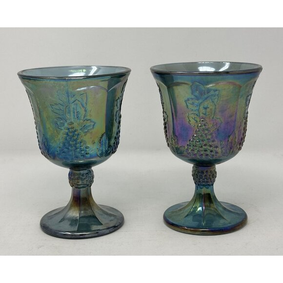Indiana Glass Other - 2 INDIANA GLASS CONTEMPORARY CARNIVAL HARVEST GRAPE Goblets Iridescent Blue 0176